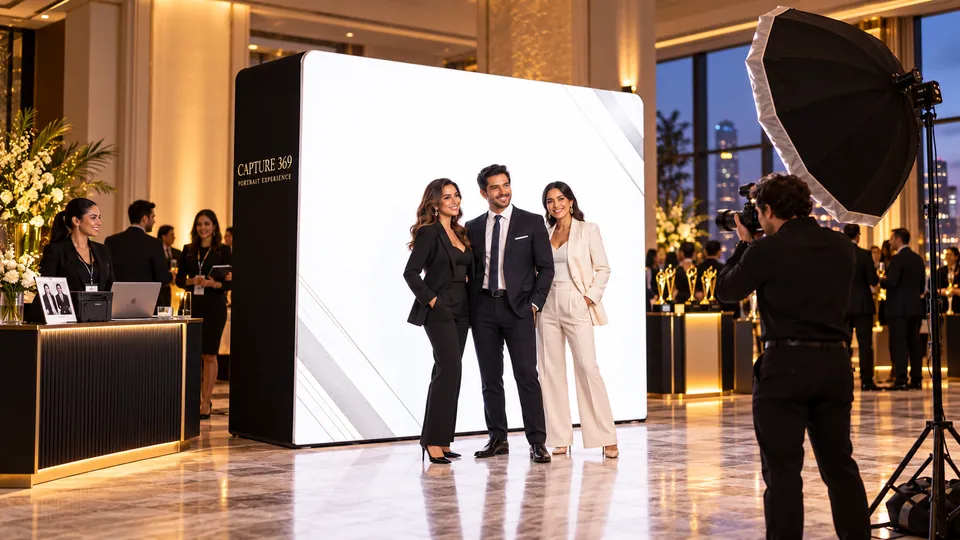 Experiencias Corporativas: estación con iluminación LED blanca, fotógrafo y participantes.