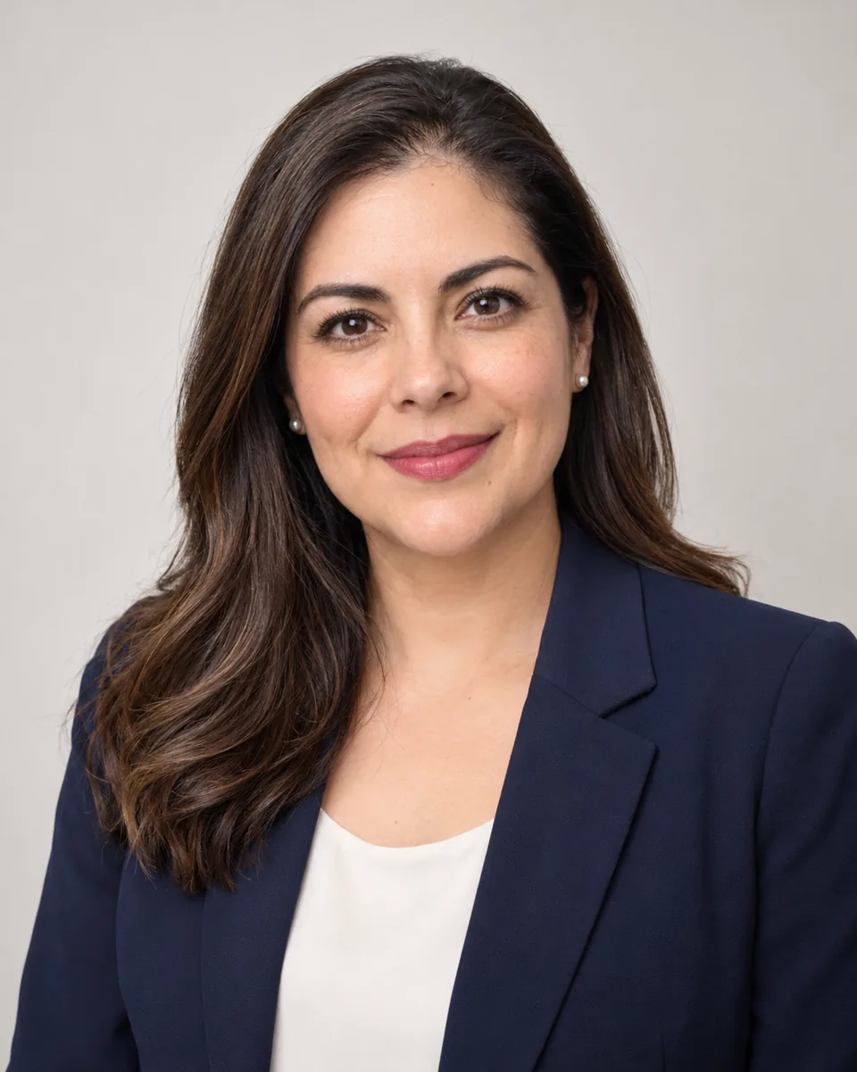Retrato profesional limpio de una mujer con blazer azul sobre fondo neutro, sin logo.