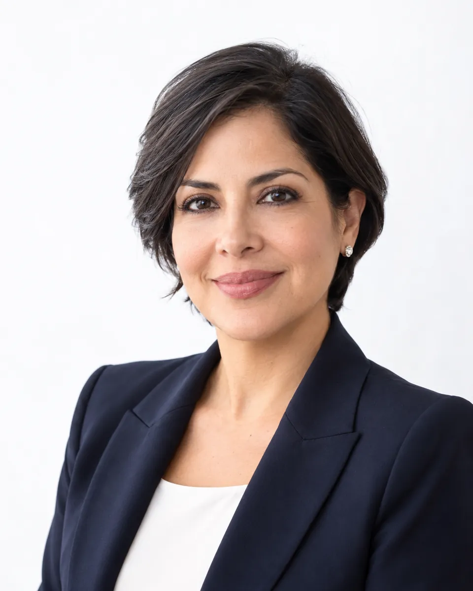 Retrato de una ejecutiva con blazer azul sobre fondo blanco para perfil de LinkedIn.