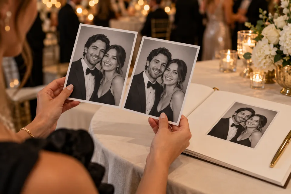 Invitada sosteniendo dos impresiones en blanco y negro de una pareja; guestbook de la celebración sobre una mesa.