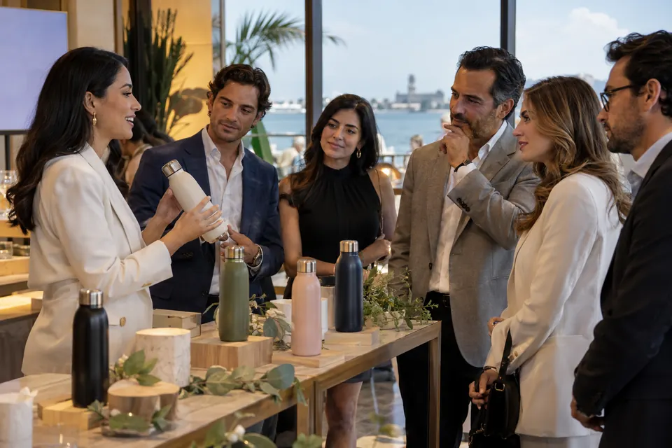 Un lanzamiento de producto con asistentes