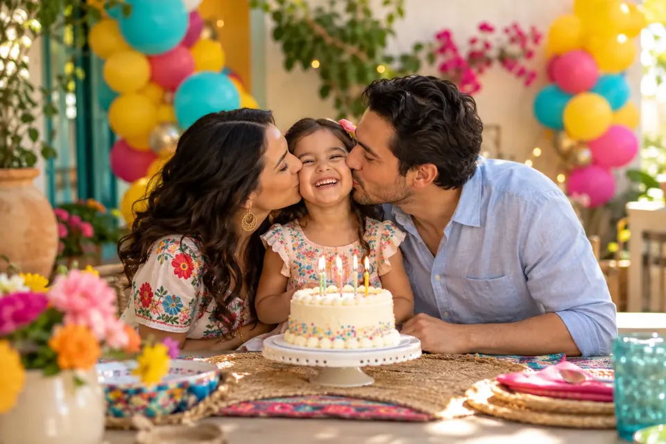 Una niña festejando con sus padres