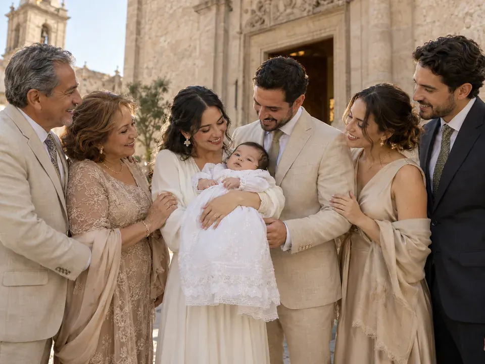 Familia reunida con su bebé junto a una iglesia.