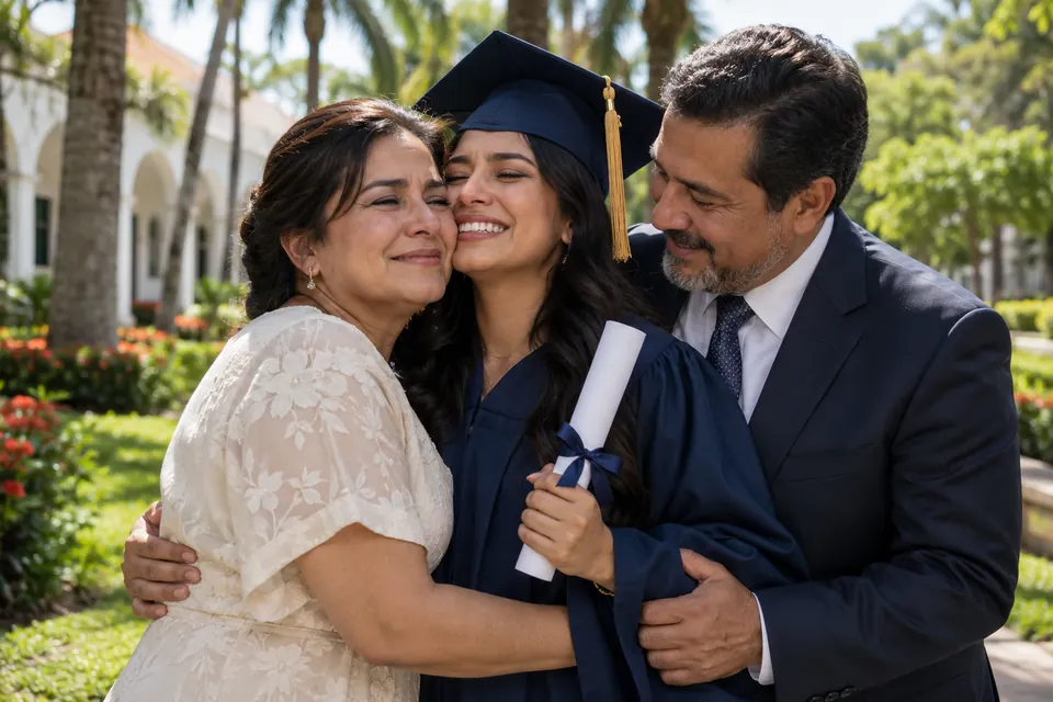 Una graduada abrazando a sus padres