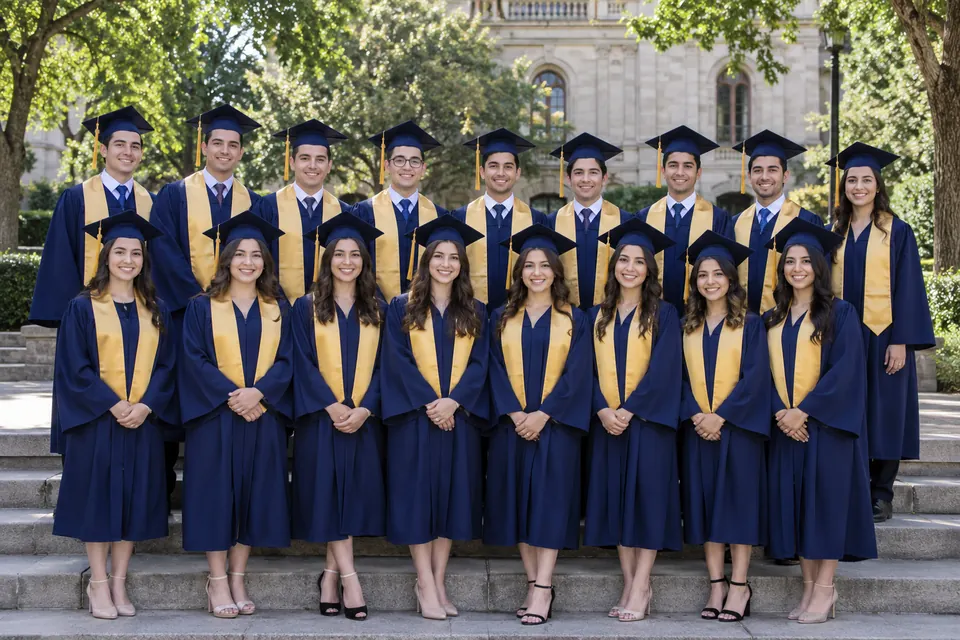 Una fotografía formal de generación con toga y birrete