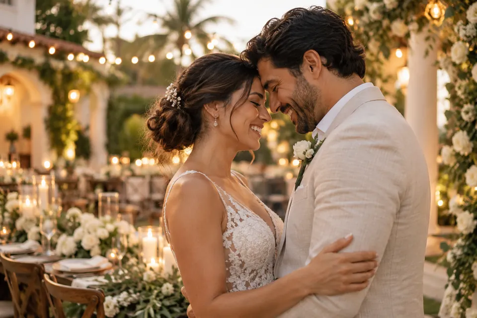 Una pareja de novios riendo durante su boda
